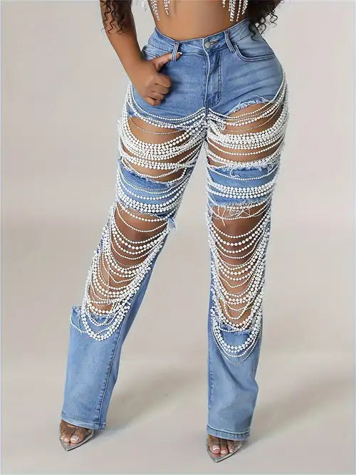 Vintage Cutout Pearl Denim
