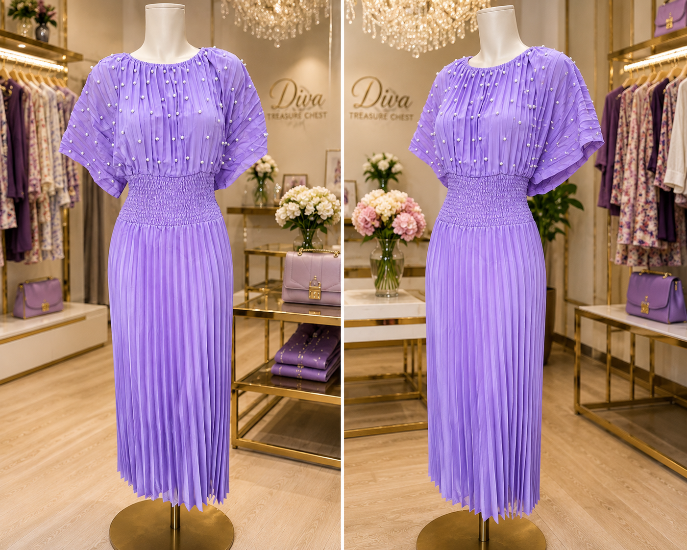 Pearl-Embellished Pleated Dress